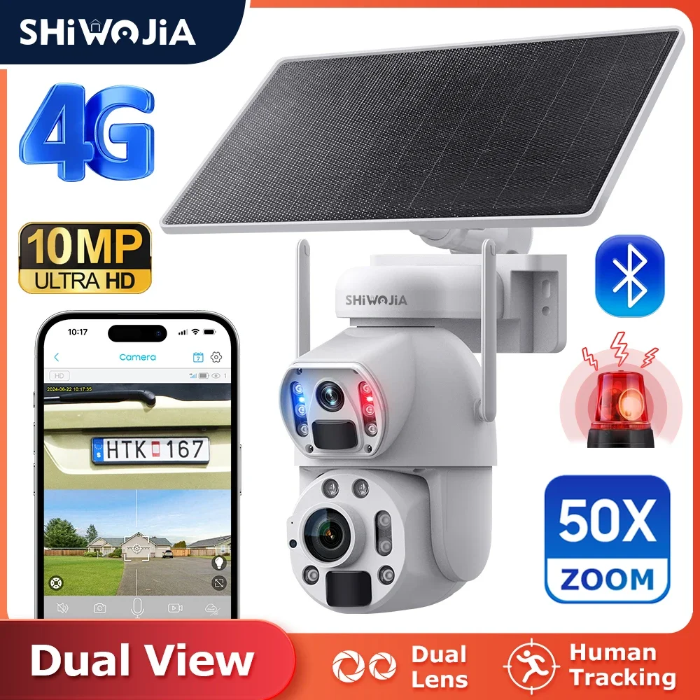 

SHIWOJIA Solar Camera 4G Sim 5K 10MP 50X Optical Zoom Dual Lens Recording Humanoid Tracking Outdoor Security Camera Metal Ubox