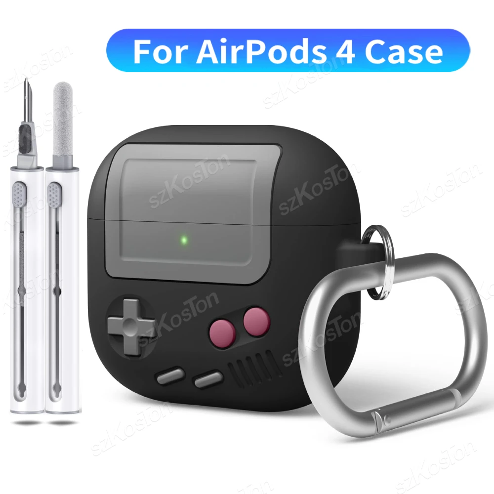 Casing Airpods 4 penutup pelindung silikon lembut, Casing desain konsol Game genggam Retro klasik 3D dengan gantungan kunci Kit pembersih