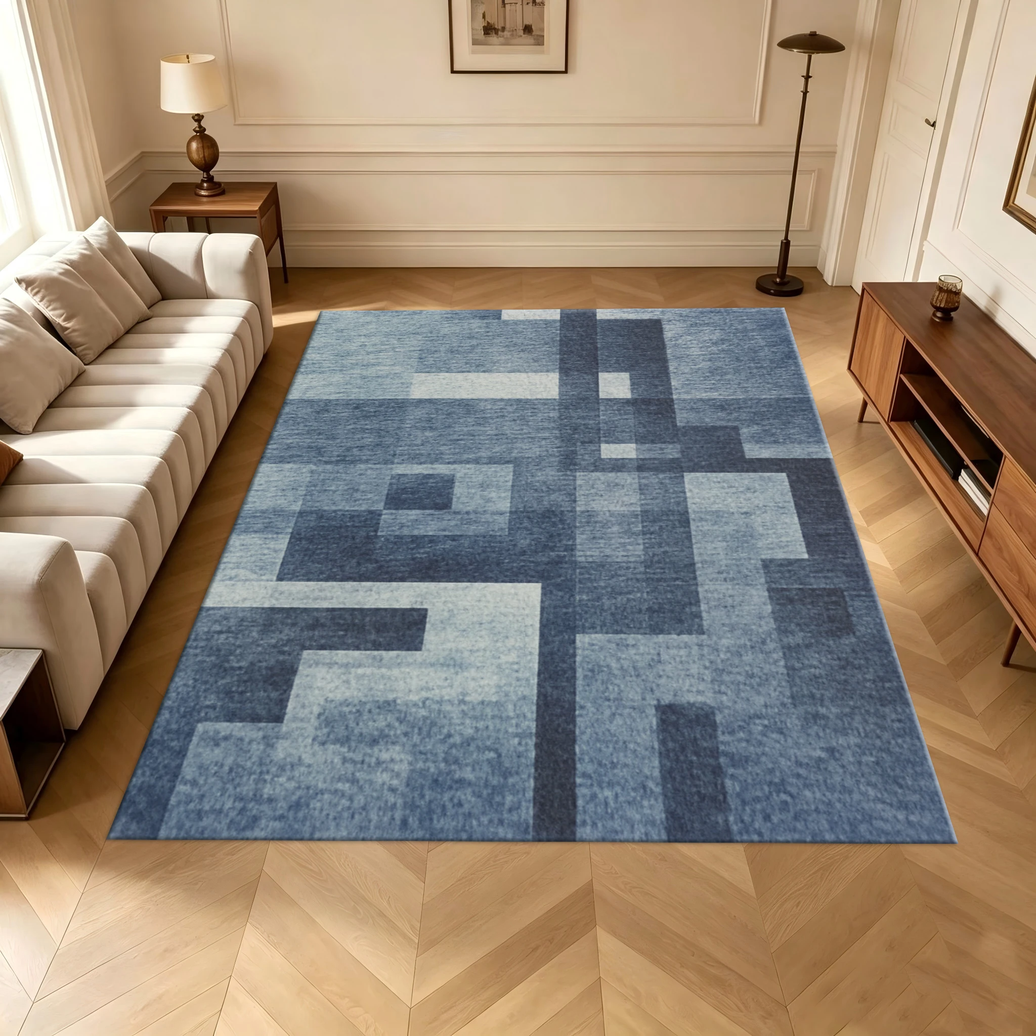 Modern Abstract Layered Block Area Rug Navy Blue Grey Minimalist Art Floor Carpet for Living Room Bedroom Home Interior