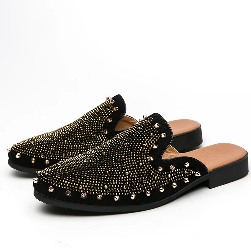 Luxury Brand Half Shoes 38-47 Men Suede Leather Flat Mules Black Casual Shoes Mens Fashion Nightclub Mocassin Homme Chaussure