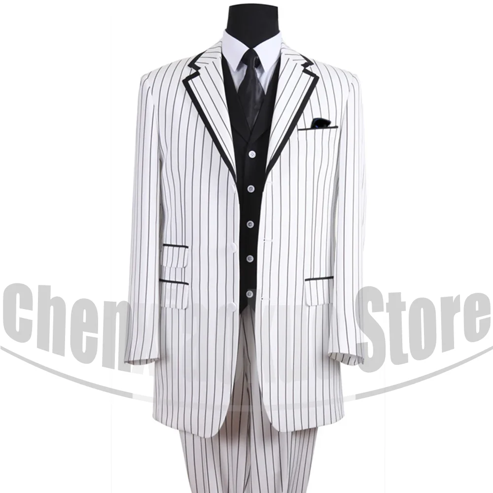 

Fashion Striped Men Suits 3 Piece Chic Notch Lapel Single Breasted Clothing Slim Evening Business Casual Formal Office Suit