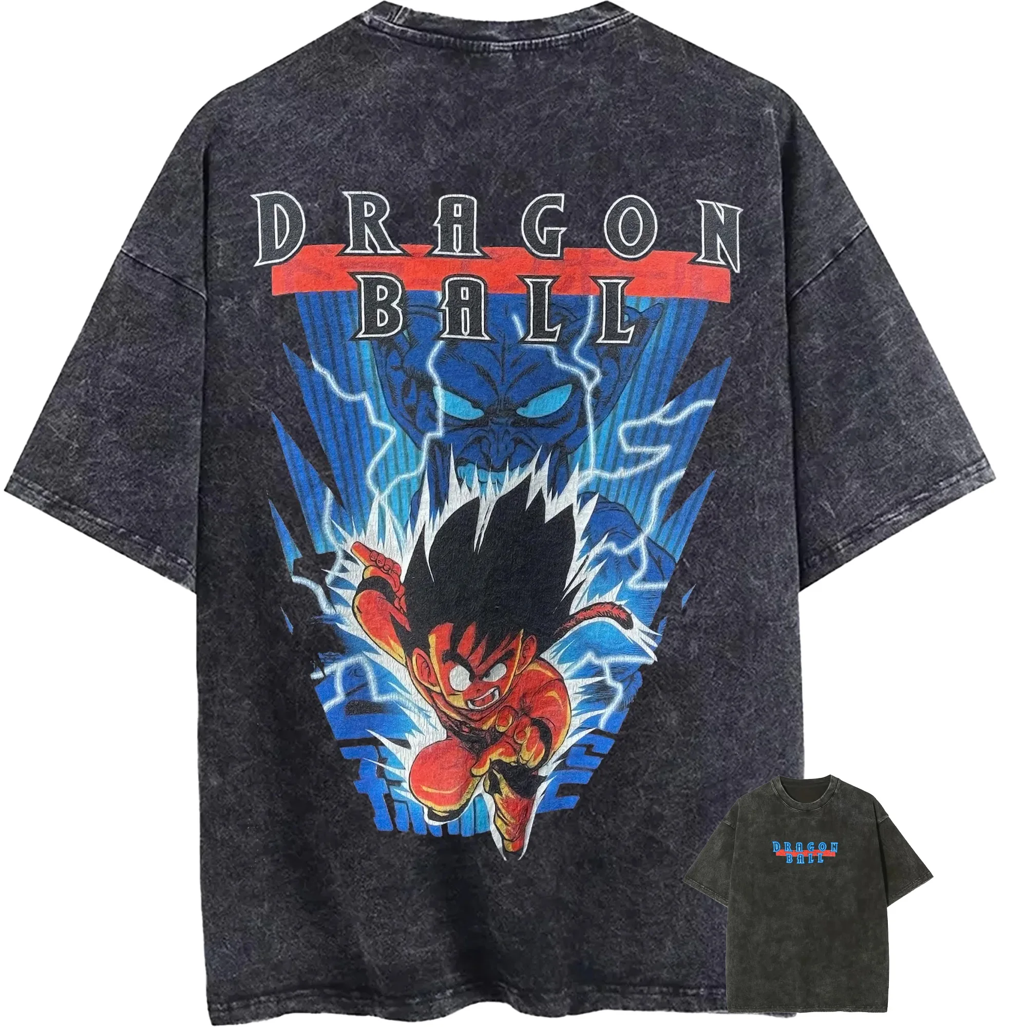 Kid Goku T-Shirt für Herren, Acid Wash, Oversized, Anime Piccolo King Grafik auf der Rückseite, Baumwolle, Vintage, Gym Streetwear, Retro Manga Top Tee