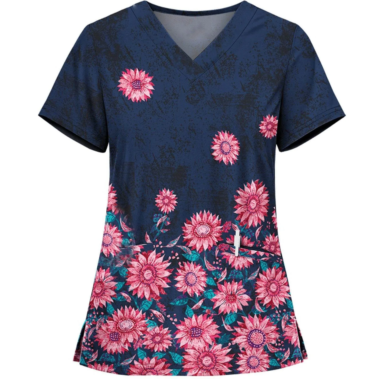 Women's Burst Floral Printed Short Sleeve V-Neck Pocket Fashion Comfortable Caregiver Tops Fitting Suitable Regular Uniform