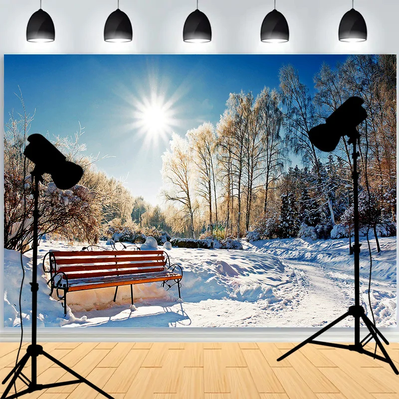 Snowflake Pine Forest Frozen Stream Photography Background Frost Snow Hill Winter Wonderland Studio Backdrops AM-09