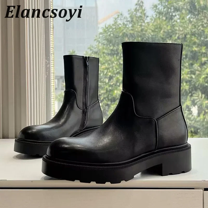 Thick Bottom Motorcycle Boots Women Round Toe Genuine Leather Side Zipper Ankle Boots Autumn Winter British Style Short Botas