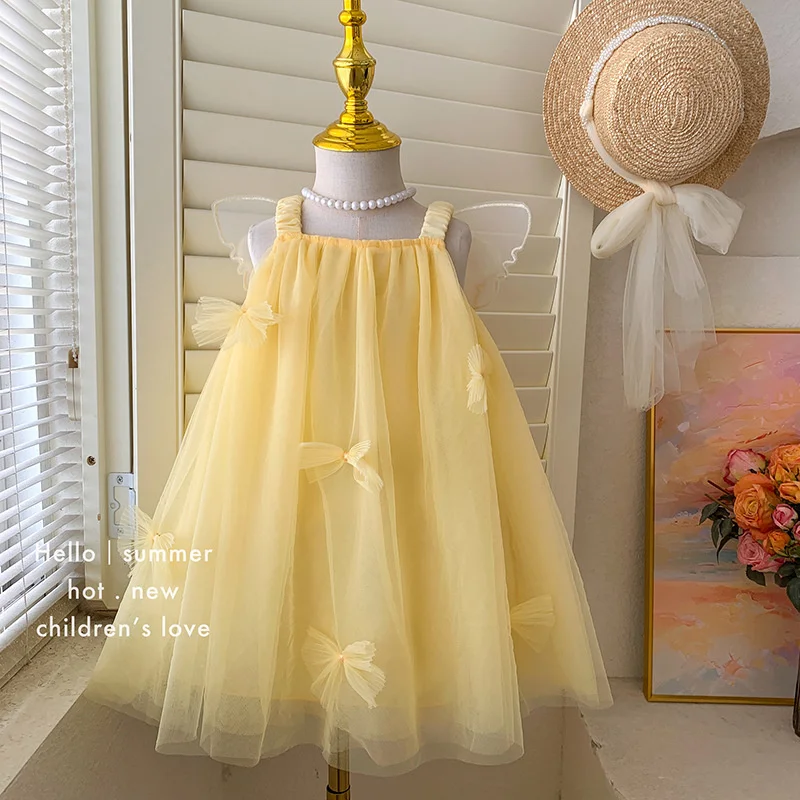 Girls Mesh Dresses 2026 New Fashion Summer Princess Butterfly Tulle Gown Kids Sweet Sleeveless Vestidos Children Casual Clothing 2