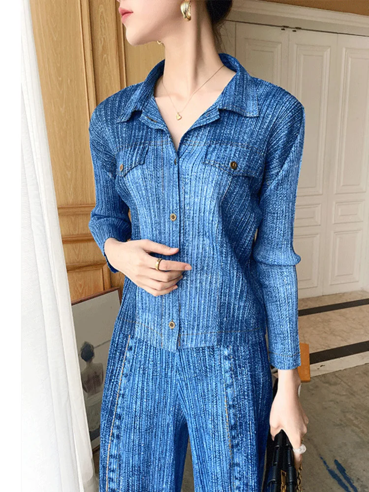 LANMREM Women Lapel Single Breasted Long Sleeve Shirt Female Elastic Waist Loose Pleated Pants Set 2024 New Spring 2J484