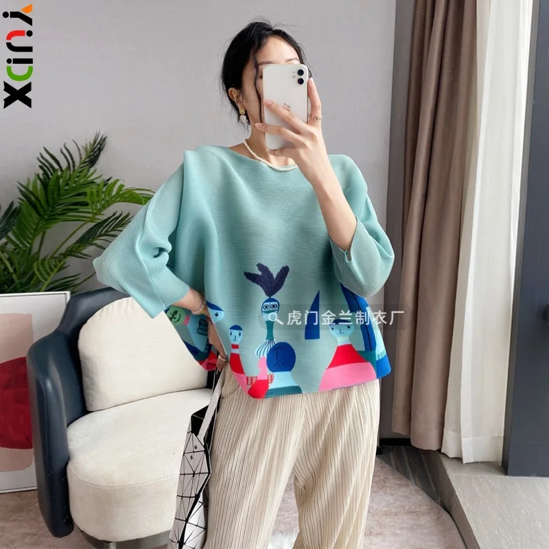 Miyake Pleated Women's Fashion Tops Loose Plus Size Hundred Matching Printed Seven-minute Sleeve T-shirt 2024 Spring Autumn New