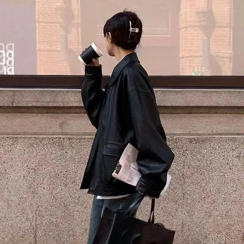Frau Denim Jacken Herbst Neue Frauen Mantel Leder Pu Schwarz Drehen-unten Kragen Front Tasche Taste Damen Einfache reine Stil