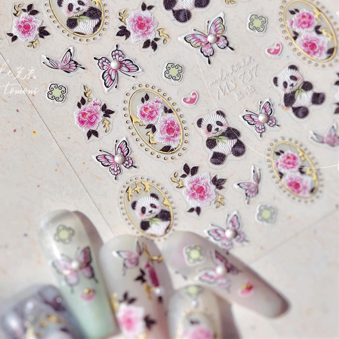 Panda Bamboo Butterfly Pattern Totem Figure Peony Flower Love Heart Adhesive Nail Art Stickers Embroidery Pearl Manicure Decals