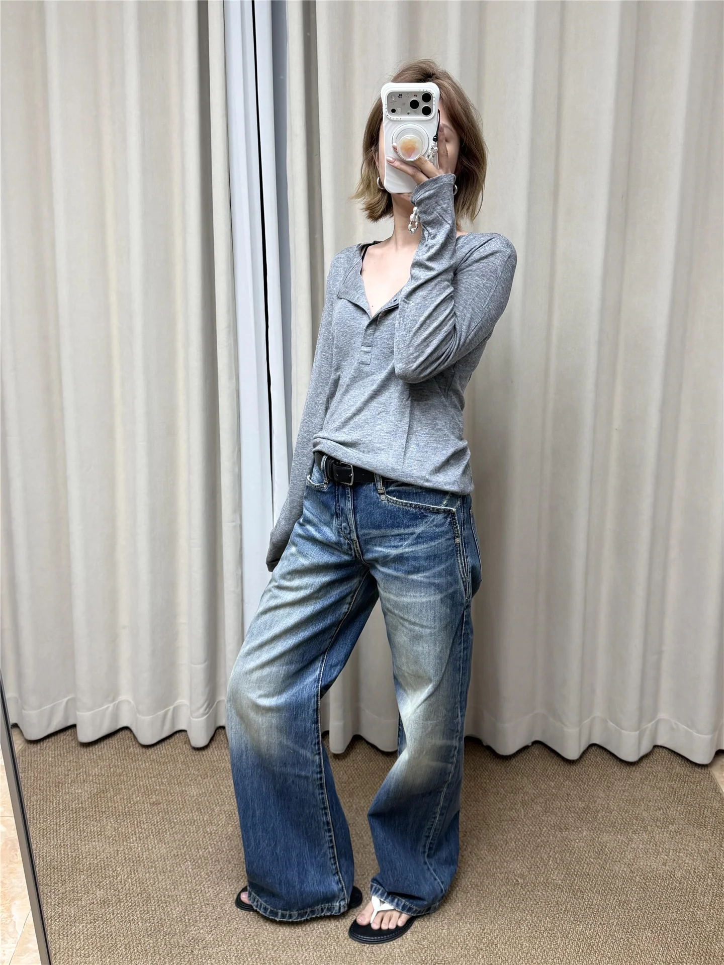 

American Style Vintage Low Waist Straight Leg Blue Jeans Women's Spring Summer Loose Slimming Design Floor-Length Pants