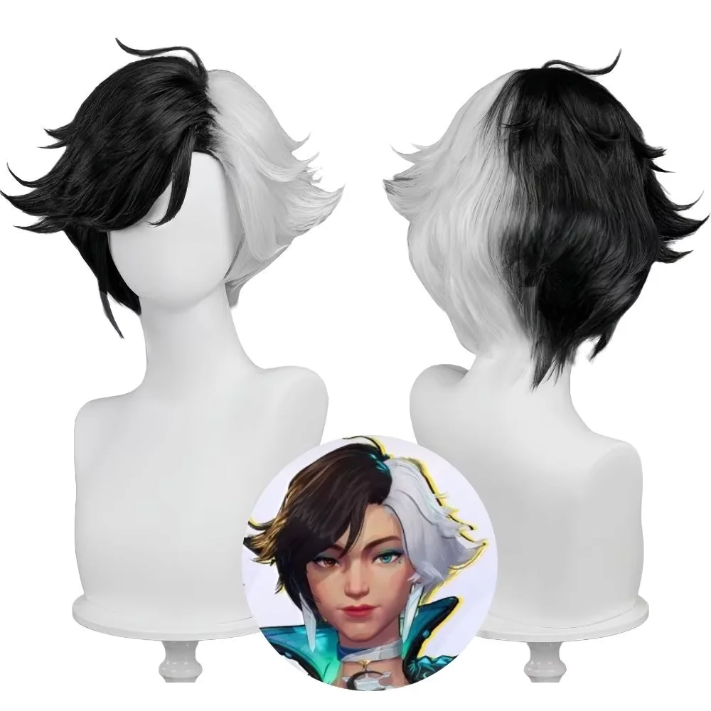 المنافسين لونا سنو المرأة شعر مستعار تأثيري 35 سنتيمتر أسود أبيض قصير الشعر مقاومة للحرارة بيروكات صناعية هالوين زي اكسسوارات