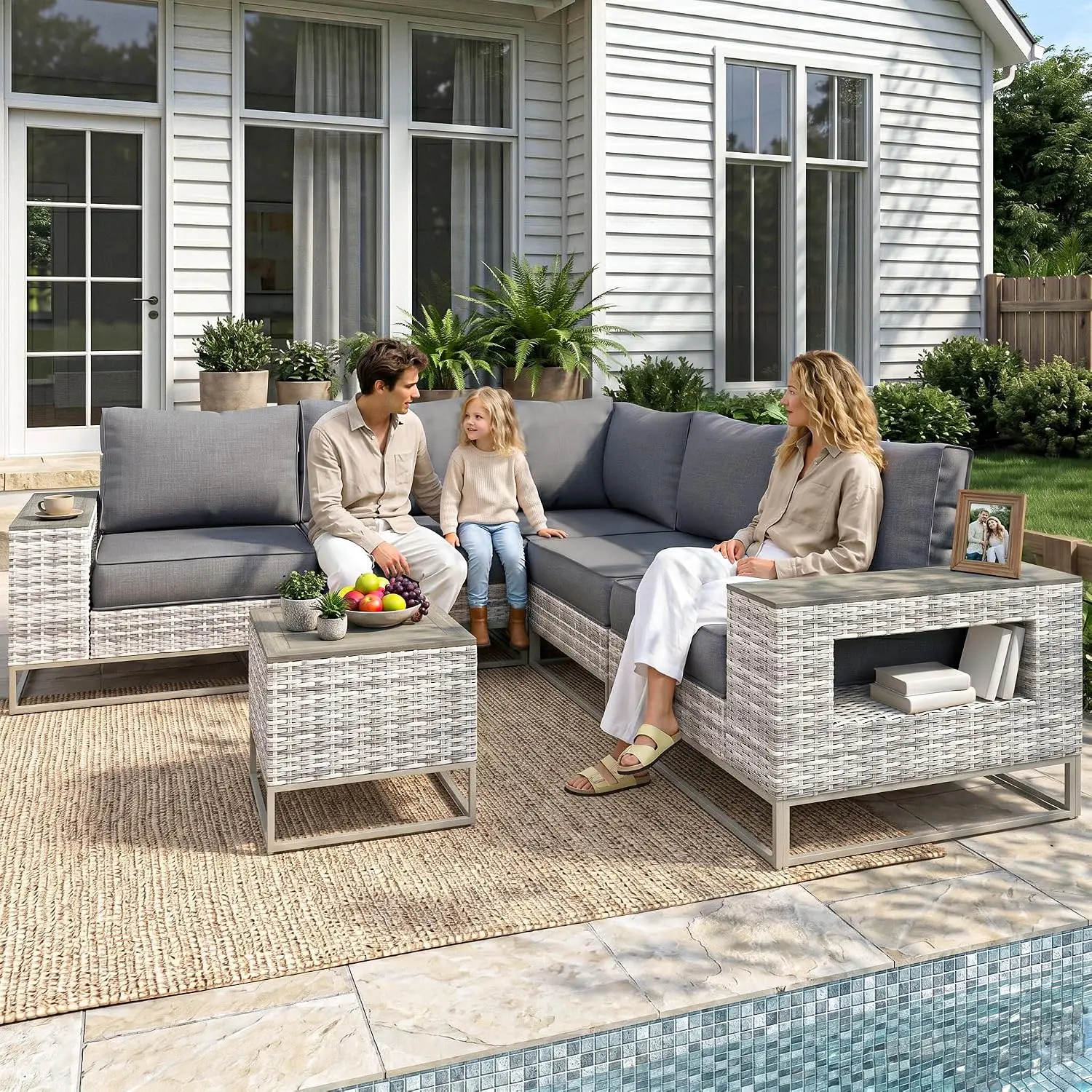 PE Rattan Outdoor Sectional Sofa Set 6-Piece with Thickened Cushions & Chunky Arms, Modern L-Shaped Garden Backyard Furniture, G