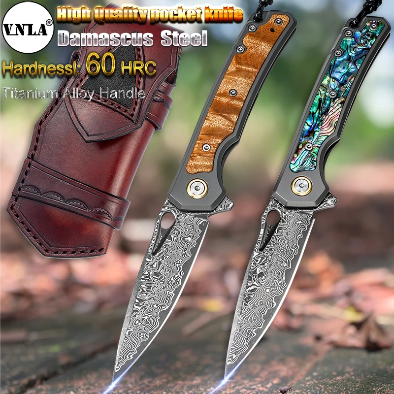 VNLA Handmade Damascus Steel Folding Pocket Knife Outdoor Camping Hunting Survival Hiking Fishing Portable Multi-Purpose Knife