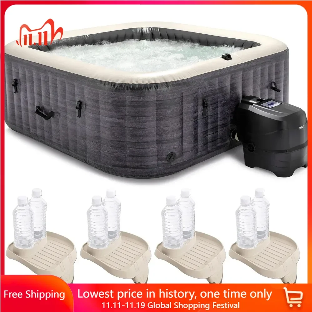 94 X 28 Inch Outdoor Hot Tub with Attachable Cup Holder and Set of 4 Refreshment Tray Accessory, Inflatable Square Hot Tub Spa