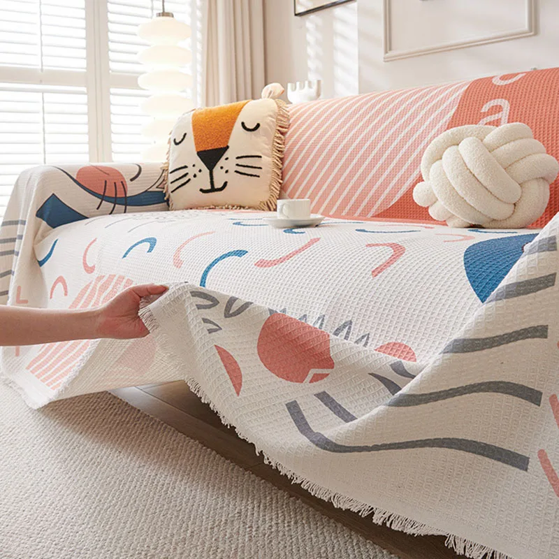 Nordic Wealth Cat Sofa Towel Cartoon Printed Anti-Dirt Sofa Cover for All Seasons Multi Functional All Inclusive Knee Blanket