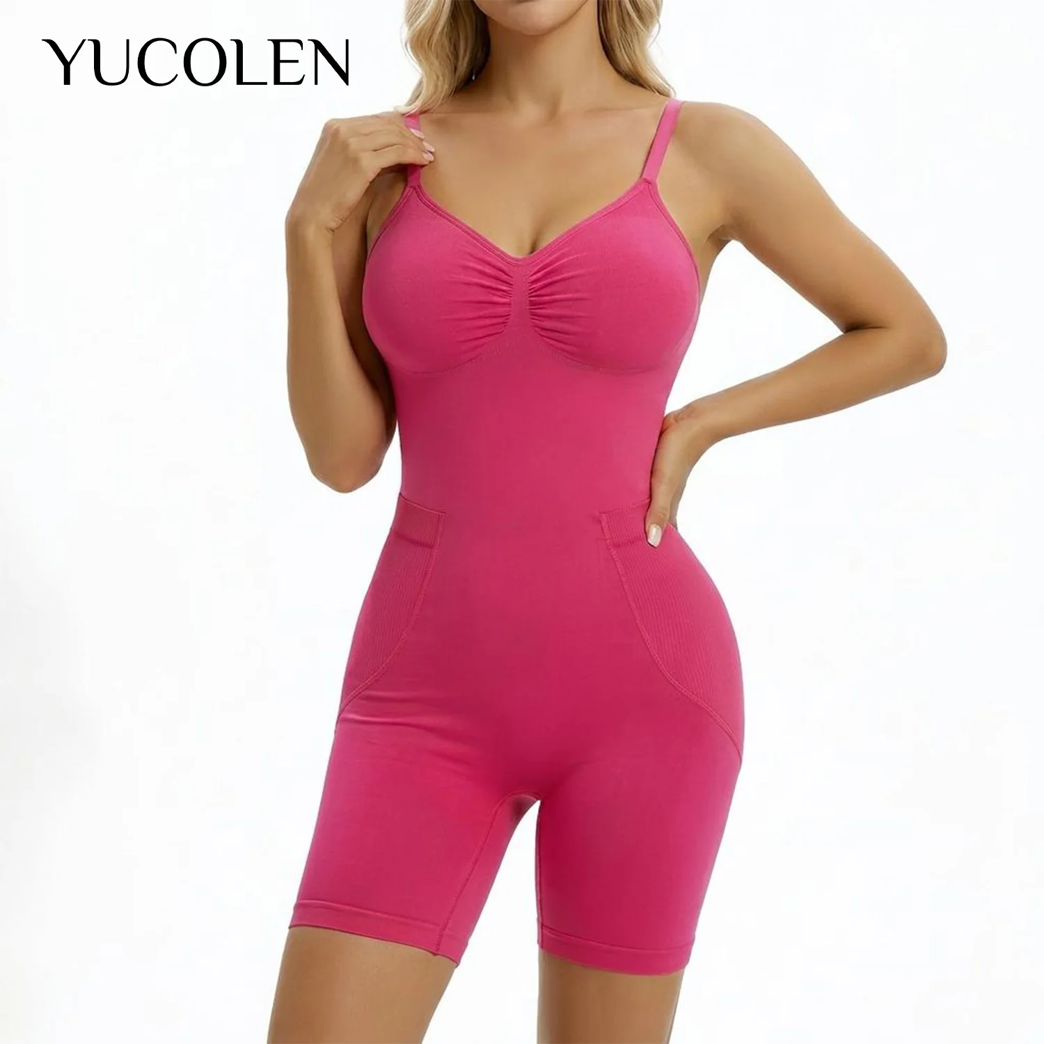 YUCOLEN Women U‑Neck Ruched Boy‑Short Shapewear Bodysuit Adjustable Strap Back‑Opening Tummy Control Seamless Body Shaper