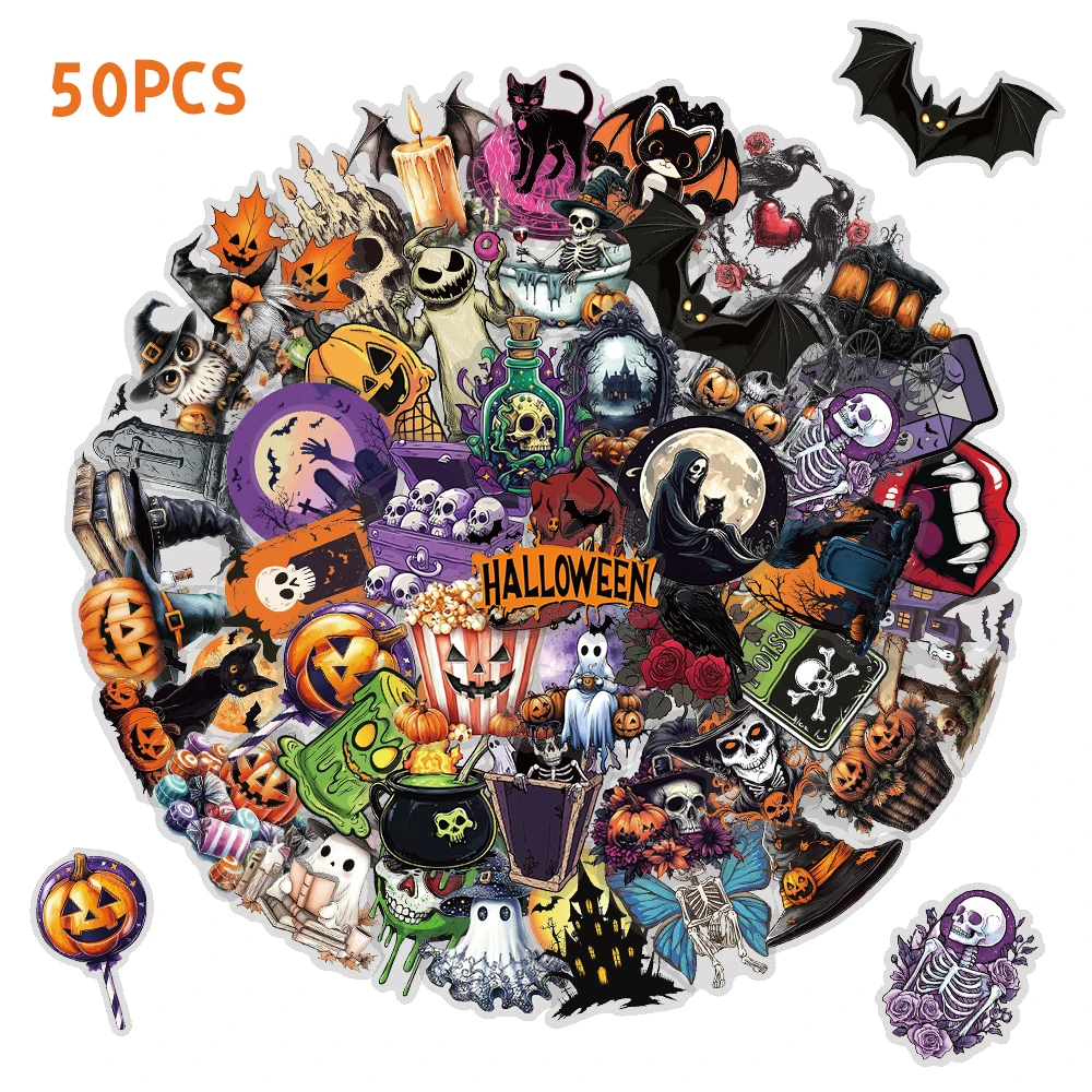 

50PCS Cartoon Halloween Sticker Guitar Laptop Phone Laptop Decor Halloween Transparent PET Material Decoration Stationery Decal