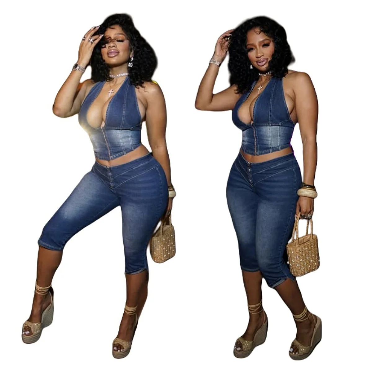 New Off Shoulder Strap Denim Capri Pants Matching Set Stretchy Fashion Jumpsuit Playsuit Overall