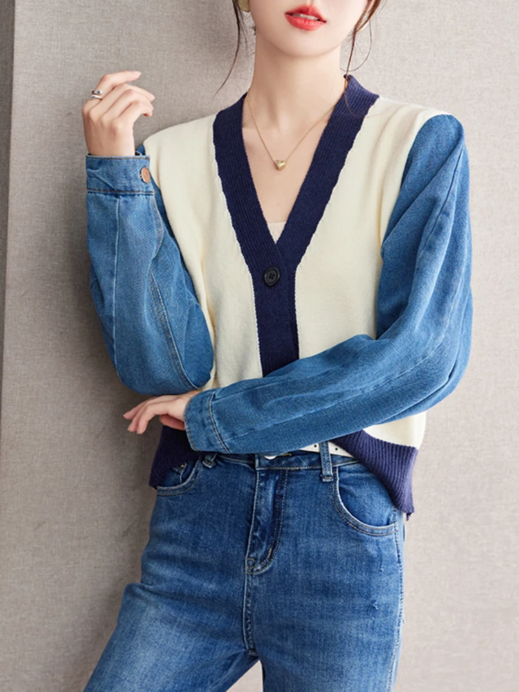 Fashion Denim Patchwork Women Sweater Cardigans 2024 Autumn Winter New Loose V-Neck Knit Cardigan Female Jacket