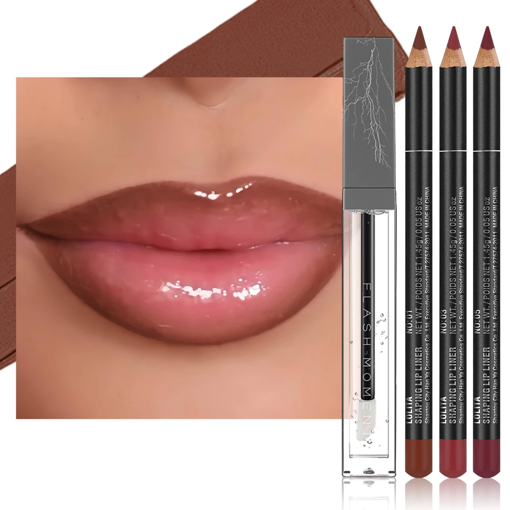 Ensemble de 4 crayons à lèvres et d'huile pour les lèvres – Doublures à lèvres lisses pour les contours définis et les huiles à lèvres hydratantes pour une brillance luxueuse – Parfaite