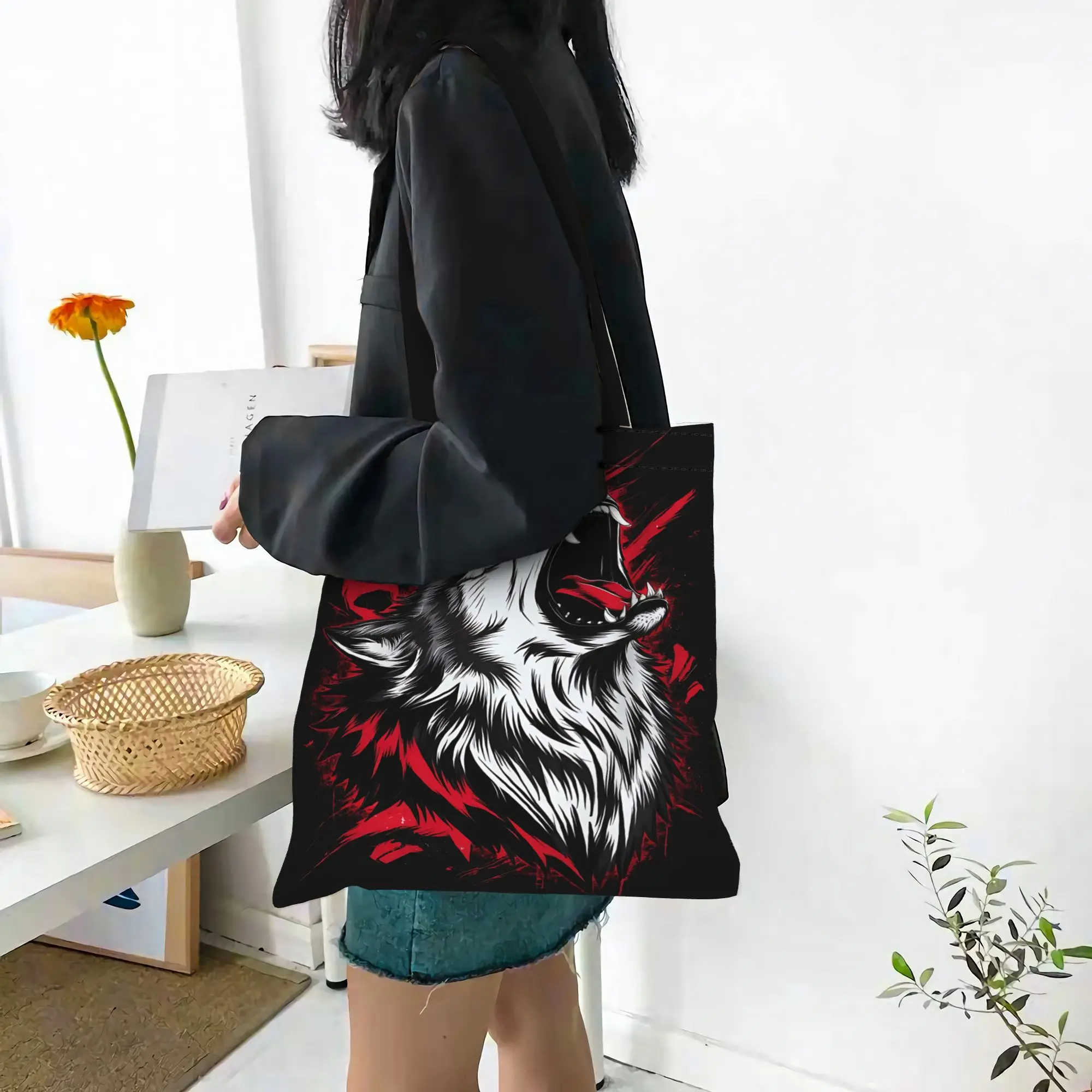 

bags for woman 2026 the wolf pattern Reusable Double Sided Canvas Tote Bag Shoulder Handbag