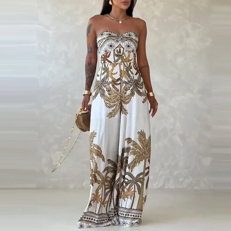 Casual Bohemian Strapless Pants Jumpsuit Women Fashion Sleeveless Holiday Romper Retro Pattern Printed Backless Beach Bodysuit