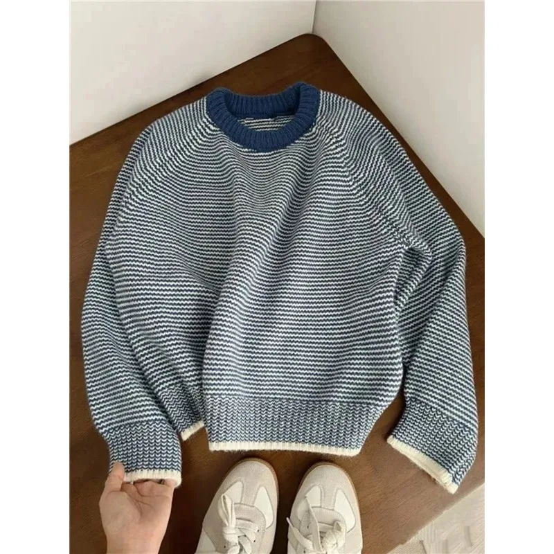

Blue Striped Sweater for Women Autumn Winter Loose Lazy Style Patchwork Pullover Female Korean Neck All Match New