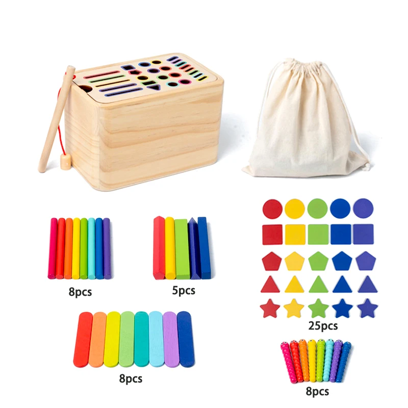 Montessori การศึกษาของเล่นเด็กวัตถุไม้ถาวรกล่องการเรียงลําดับสี Fidget Sensory ของเล่น Fine Motor Ball Drop เกมตกปลา