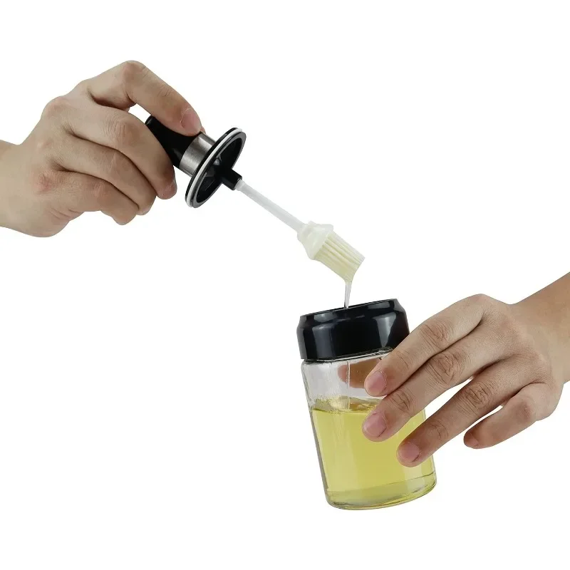 Oil Bottle with Silicone Brush for Cooking BBQ Kitchen Seasoning Glass Condiment Bottle Set Jar with Integrated Spoon and Lid