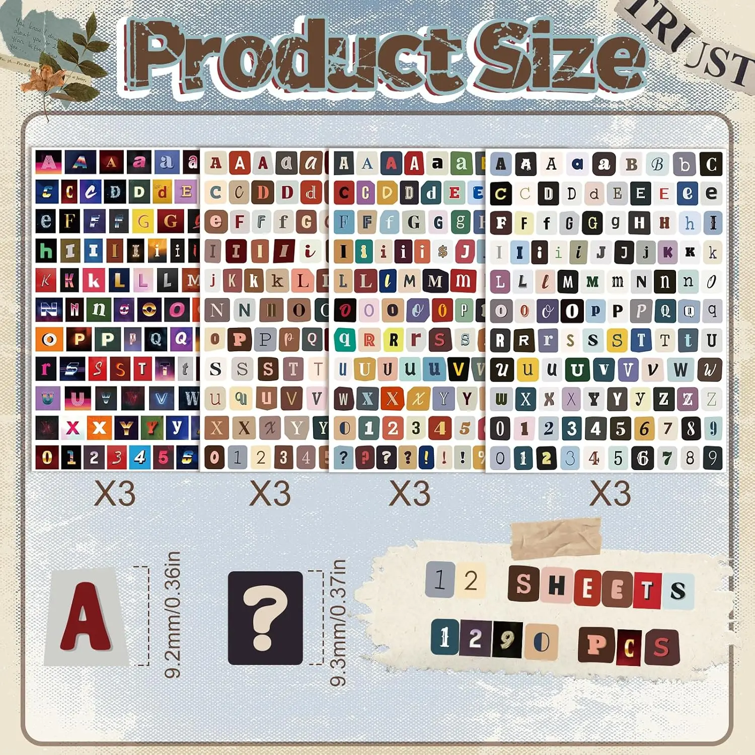 12 Sheets of Vintage Alphabet, Number and Symbol Self-Adhesive Stickers, Scrapbook Stickers for DIY Crafts, Mobile Phones Comput
