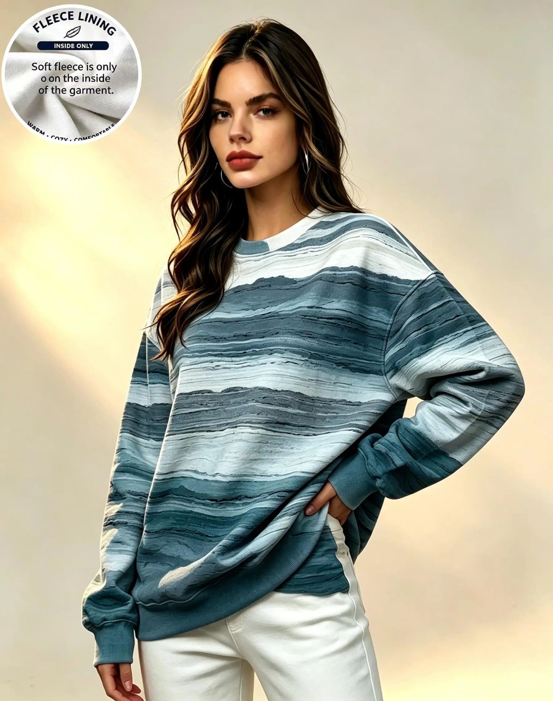 Women Crew Neck Fleece Sweatshirt Pink Beige Horizontal Stripe Gradient Print Long Sleeve Loose No Hood Warm Pullover