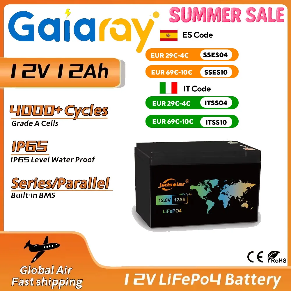 

Gaiaray Новый аккумулятор LiFePo4 12 В, 6 Ач, 12 Ач, 20 Ач со встроенной аккумуляторной батареей BMS для скутеров, лодок, мотоциклов, без налога