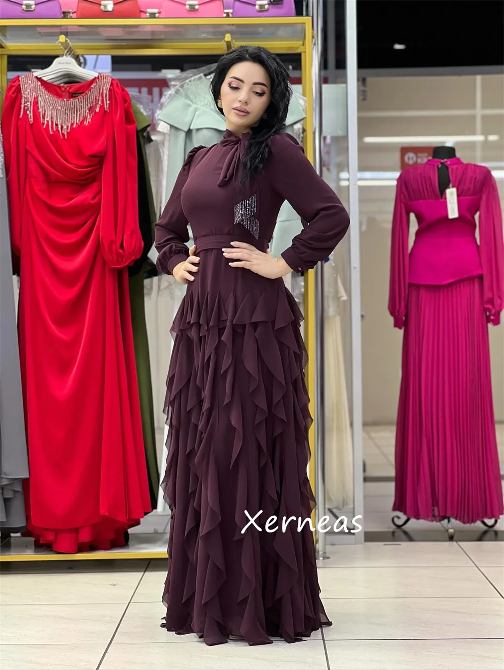 Customized Formal Chiffon Sequined Bow Pleat A-line High Collar Long Dresses Bespoke Occasion Party Sparkle Unisex image 2