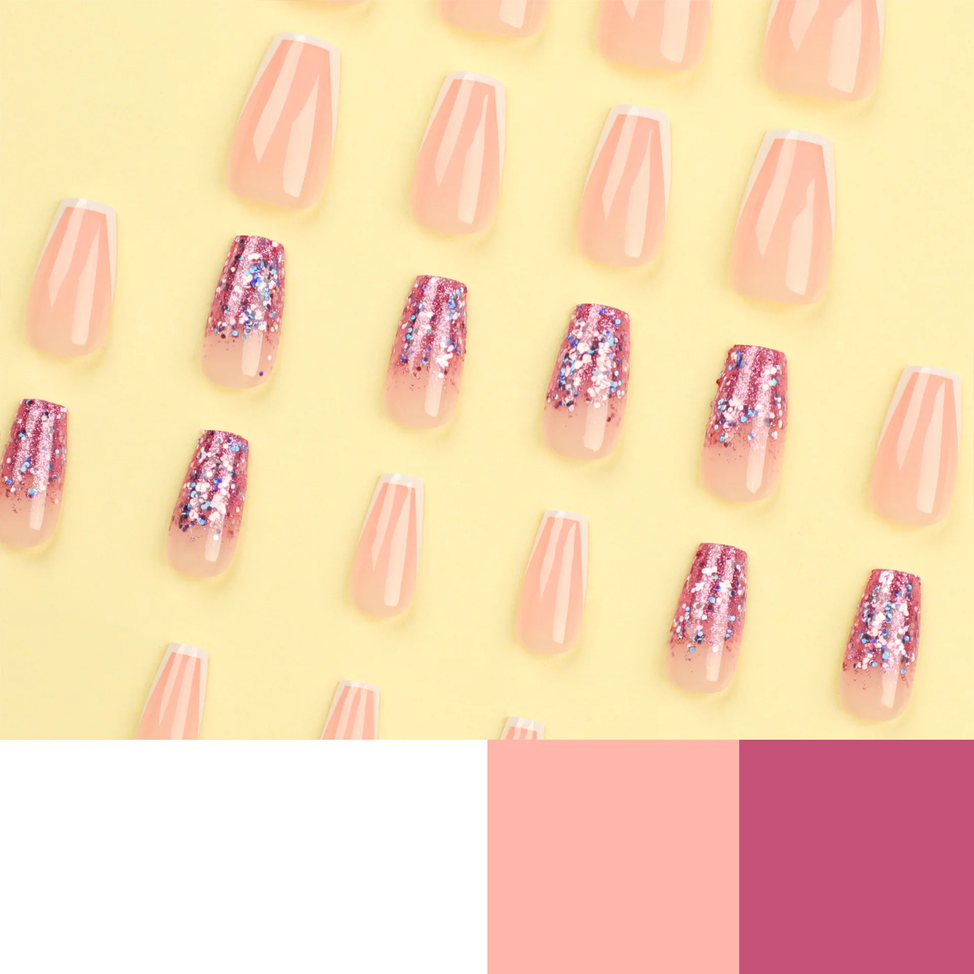 24 stuks ballet valse nagel naakte kleur oogverblindende paarse glitter glitter glitter draagbare manicure druk op nagels effen