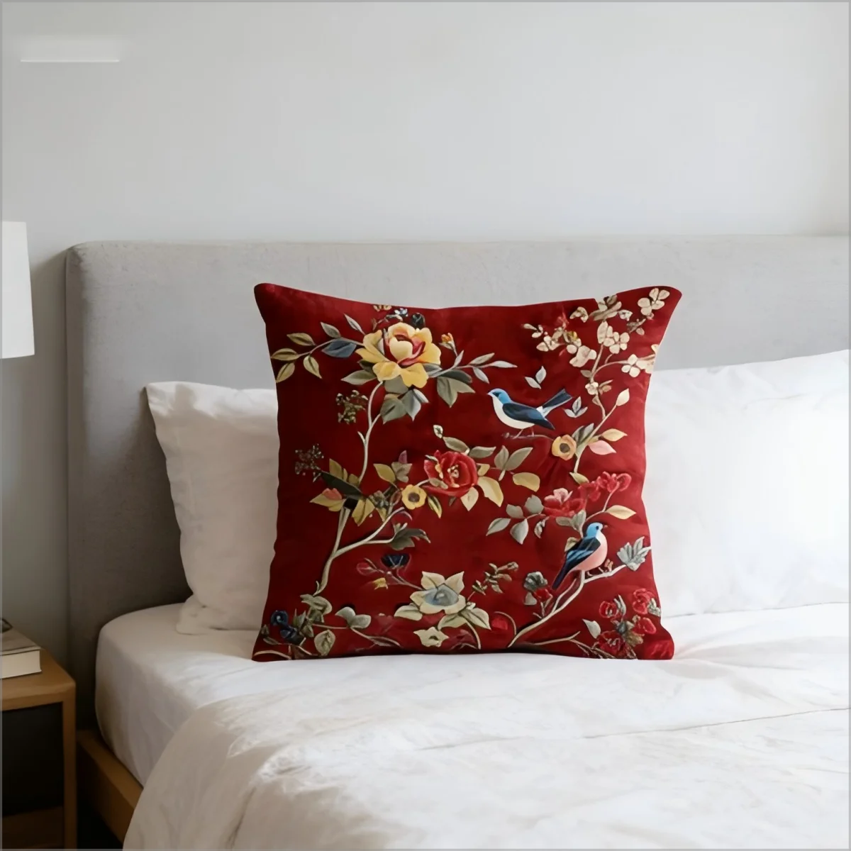 Capa de Almofada Vintage Vermelha com Estampa Floral de Pássaros e Bordado Falso Estilo Peônia, Elegante para Sofá, Cama e Decoração de Casa