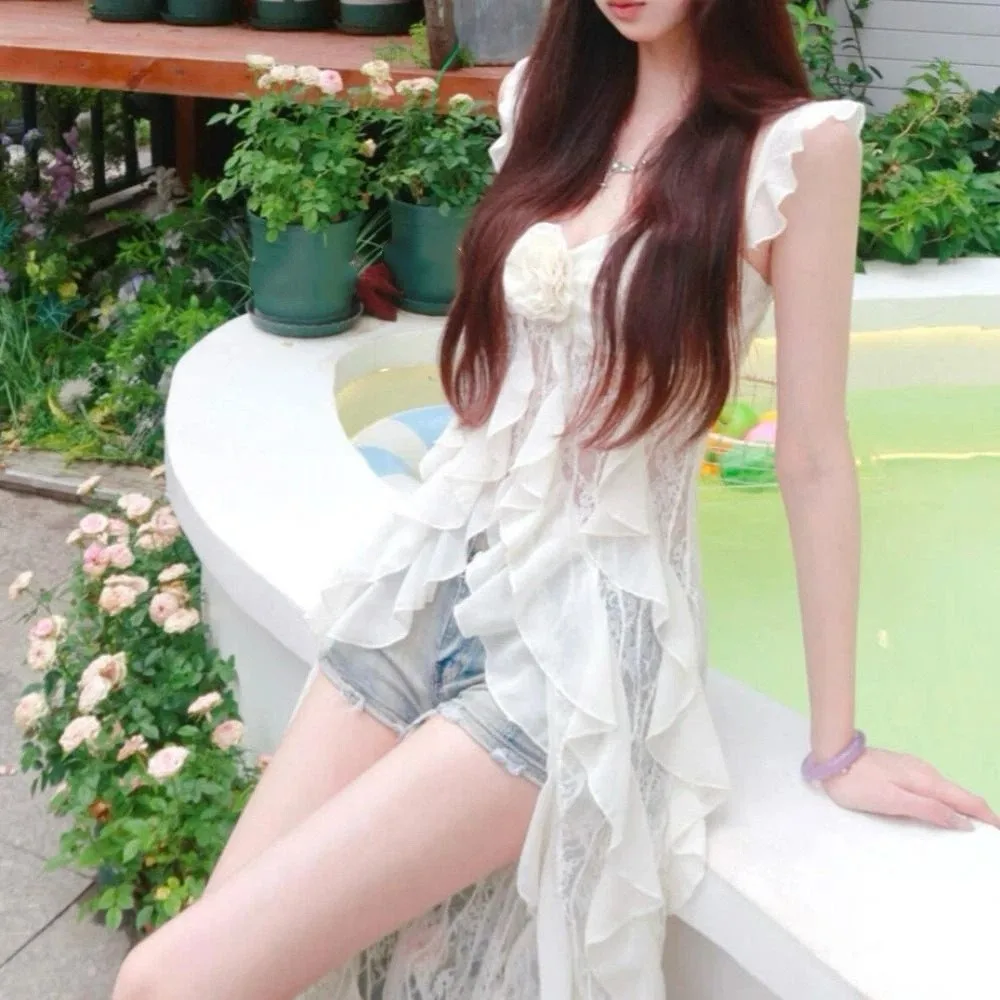 오프숄더 레이스 꽃 장식 태슬 캐미솔 러플 엣지 비치웨어 메쉬 리본 드레스 스파이시 걸 스타일 스위트 민소매 탑 여성용