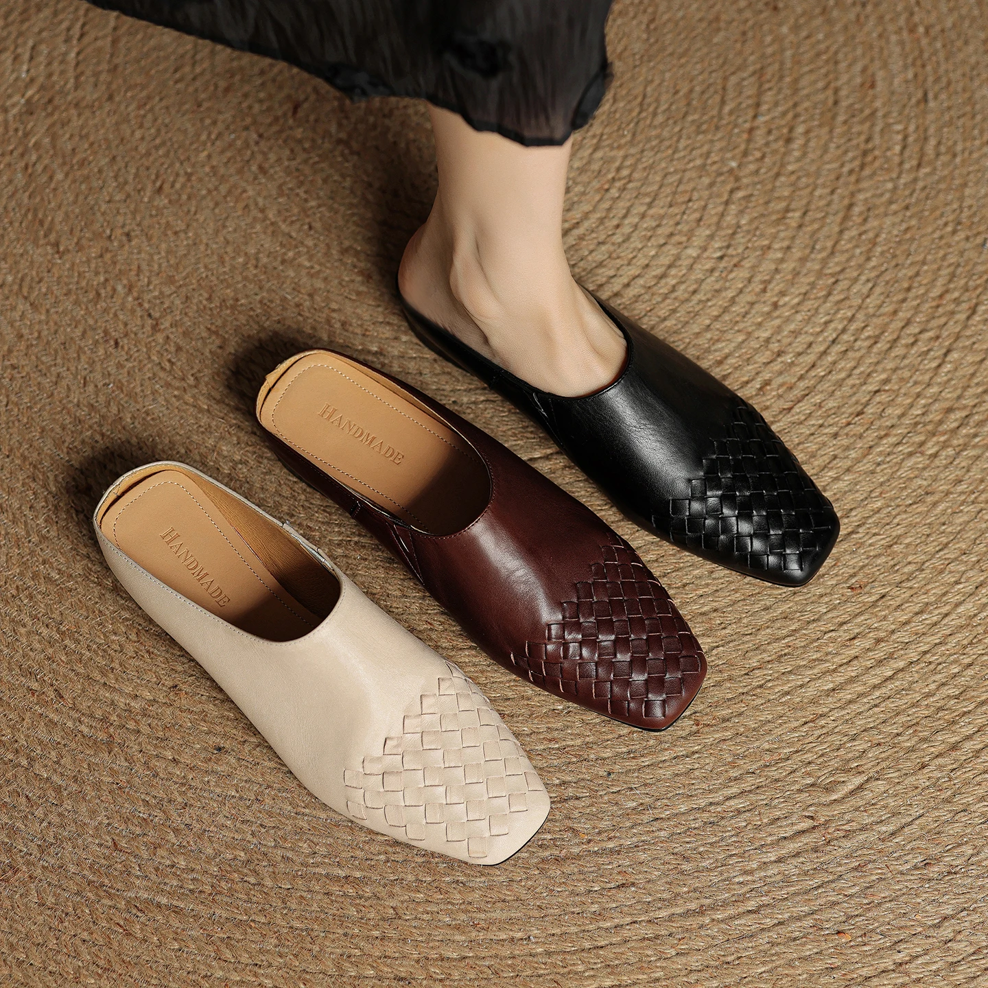 

Genuine Leather Women Mules Shoes Squared Toe Low Heel Shoes woven texture Cover Toe Woman shoes Cover Toe Elegant slipper
