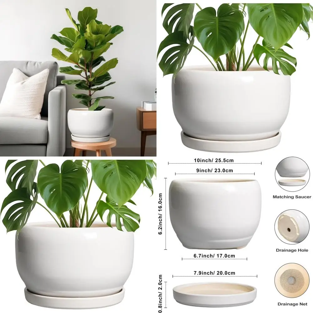 

10 Modern White Ceramic Planter with Drainage and Saucer - Outdoor Indoor Decorative Pot for Plant Lovers