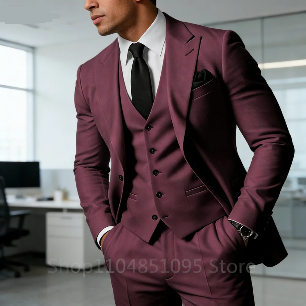 

Мужские свадебные костюмы из трех предметов, формальный смокинг жениха, выпускной вечер, мужской модный комплект одежды с пиковыми лацканами, куртка, брюки, жилет