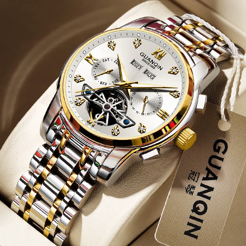 GUANQIN Роскошные мужские автоматические механические часы с многофункциональным циферблатом для бизнеса и отдыха 50 м водонепроницаемые светящиеся часы для мужчин