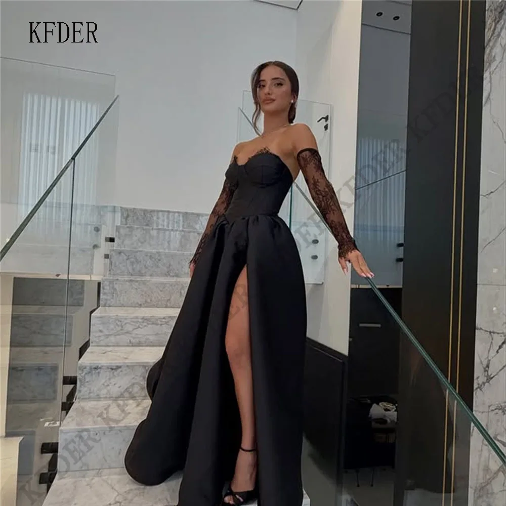 

Black Lace Long Sleeves A-Line Evening Dress Side Slit Prom Dress Side Split Formal Evening Customized Gowns Elegant Dresses