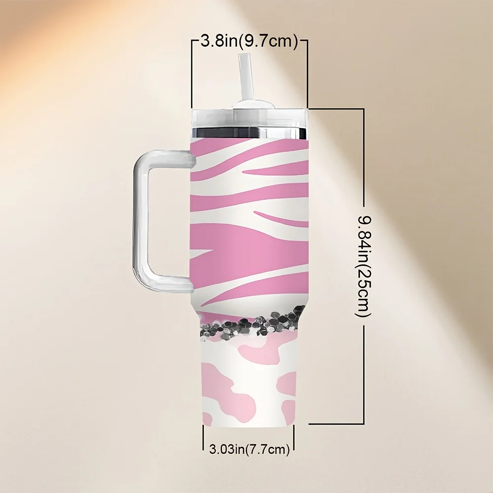 Trendy Pink Mixed Cow Zebra Animal Print Sequin Patch Travel Tumbler with Handle And Reusable Drinking Straw