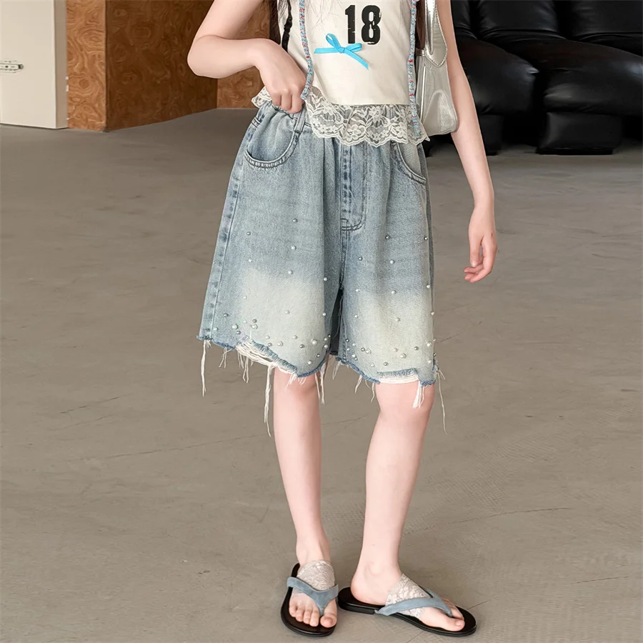 Vintage Kids Summer Ripped Denim Shorts with Pearl for Teen Girls y2k Mini Jeans Pants Children Harajuku Hip Hop Shorts Age 5-14