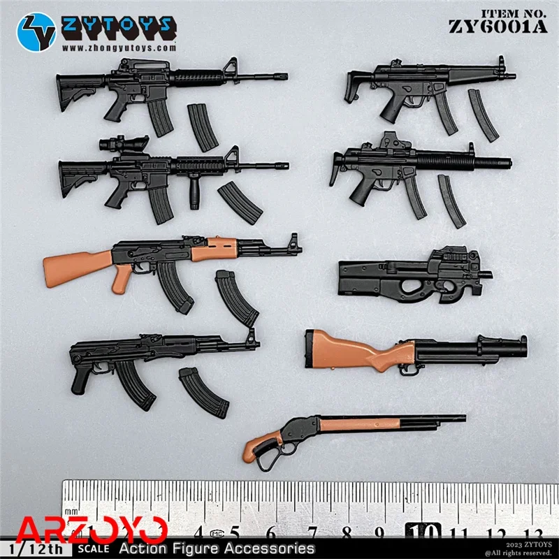 ZYTOYS ZY6001 1/12 Scale MP5 M4 AK47 P90 M1887 Soldier Gun Weapon Model 9pcs Mini Scene Accessories Fit 6'' Action Figure Body