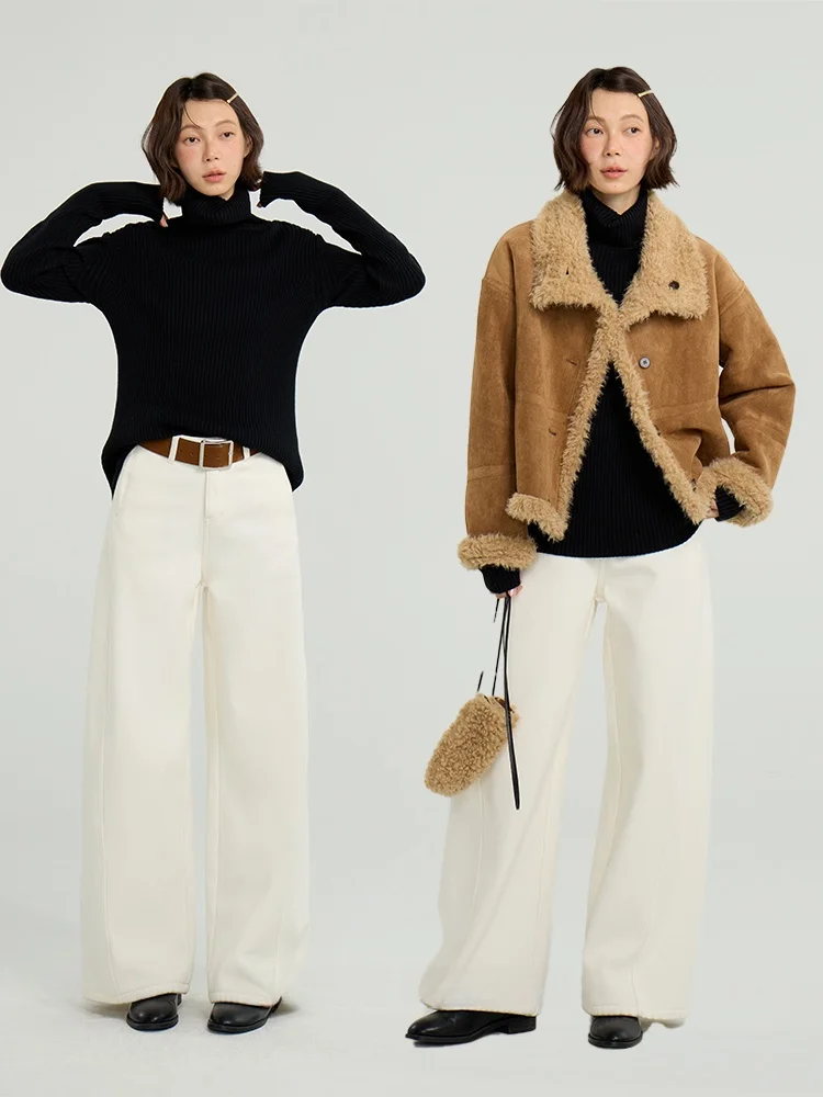 

Faionable Commute Winter New Fce Lined Woolen Straight Leg Casual Pants Women High Waist Zipper Closure High Cotton Blend