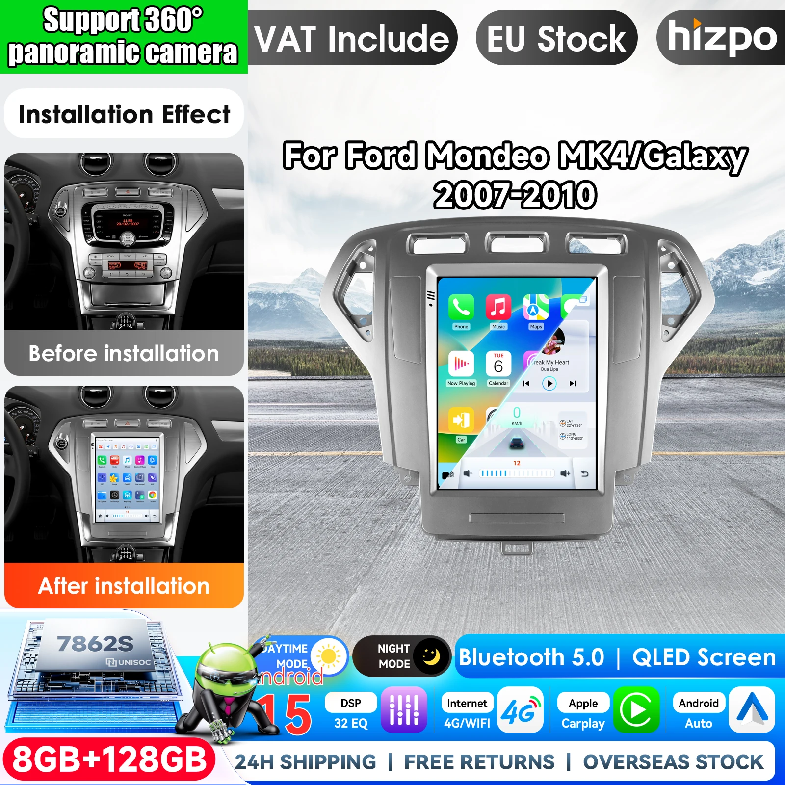Hizpo 9,7 pouces pour autoradio de style Tesla pour Ford Mondeo MK4 / Galaxy 2007-2010 (uniquement pour climatisation automatique) Android Auto 4G Carplay sans fil DSP Lecteur multimédia 2Din Autoradio Navigation GPS Systèmes intelligents IA pour voiture Autoradio Vidéo Stéréo Audio RDS