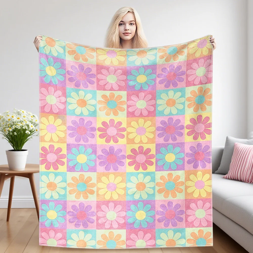 Pastel Daisy Grid Four Season Flannel Blanket, Soft Plush Skin Friendly Sofa Blanket, A Great Gift Item