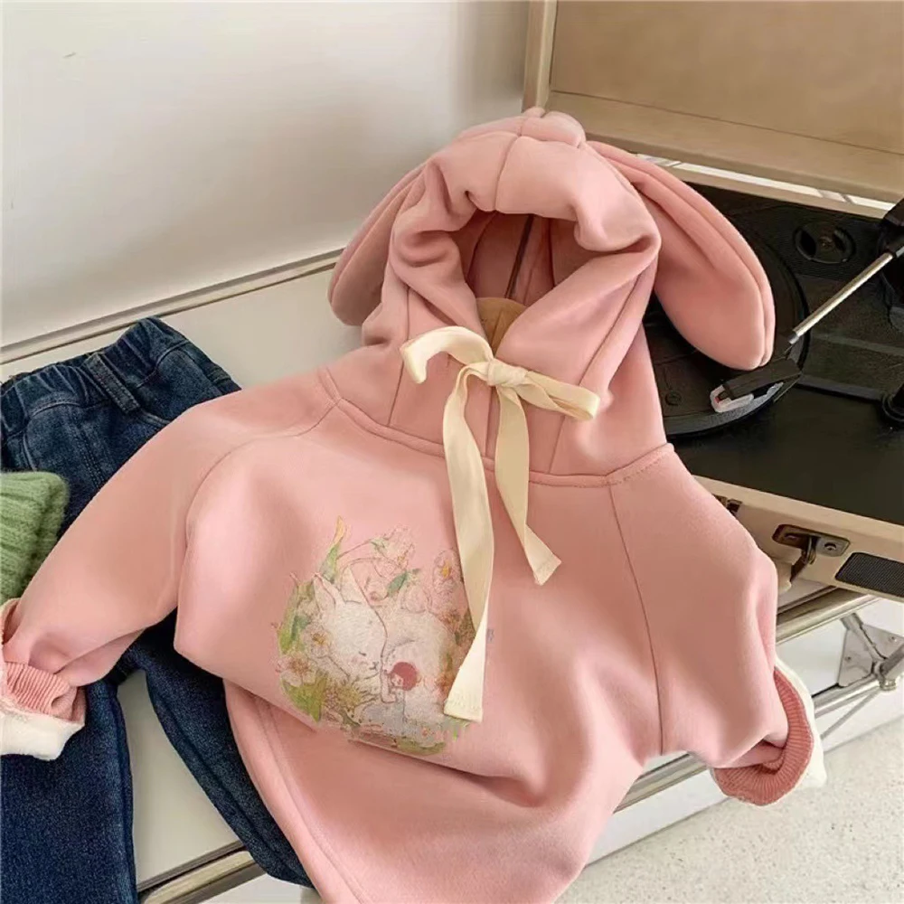 Cute Baby Girls Hoodies Spring Autumn Korean Cartoon Rabbit Hooded Coats Sweatshirt Thick Warm Velvet Kids Pullover Tops 1-6Y