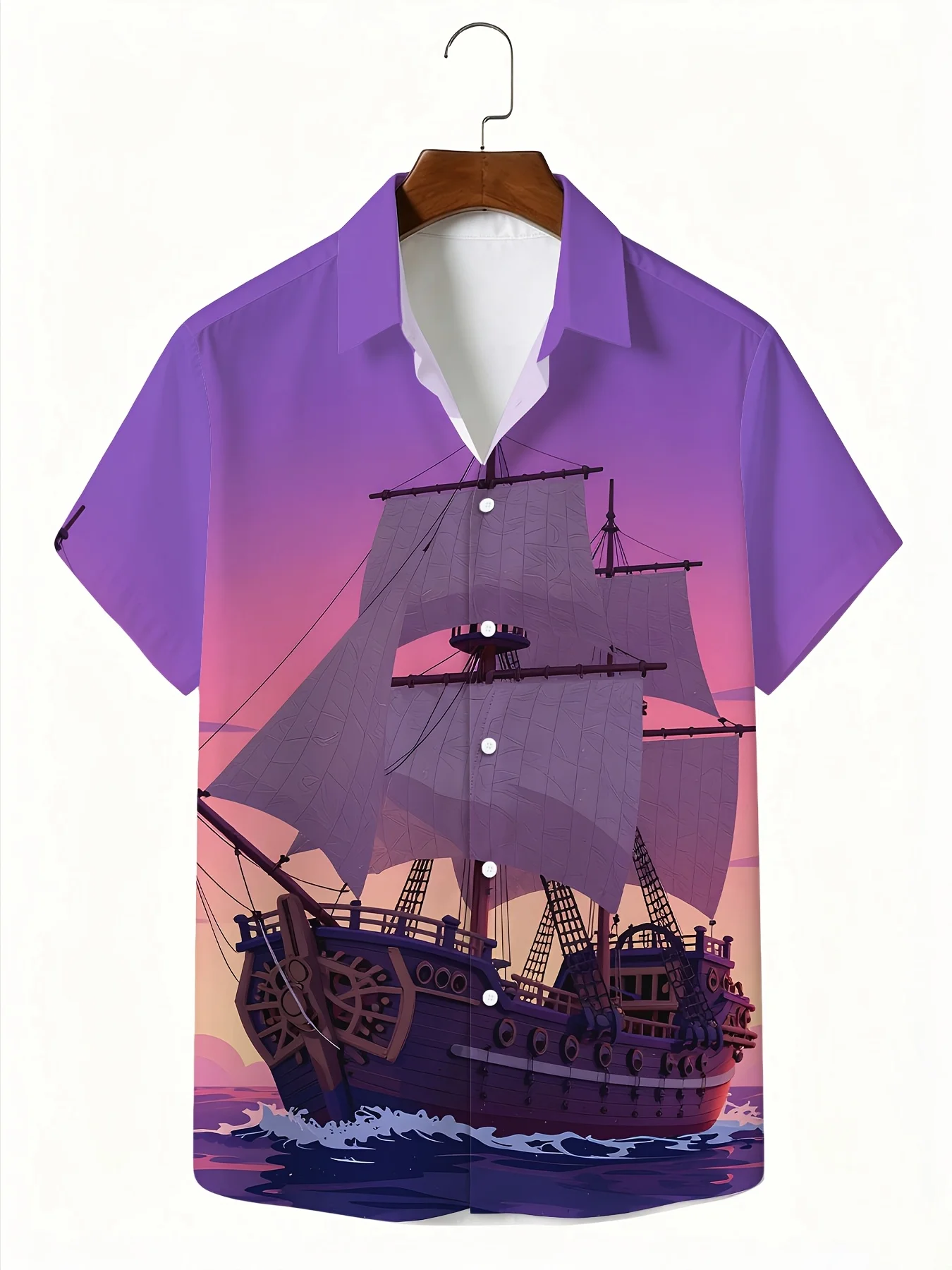 Men's Hawaiian Short Sleeve Shirt Vintage Pirate Ship Ocean Wave Print Turn Down Collar Casual Beach Holiday Top Mens Clothing